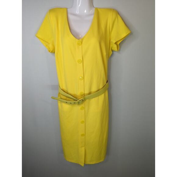 NY&C Yellow Belted V-Neck Knee Length Sheath Dress Womens Large NWT Pinup Modest - Picture 1 of 10